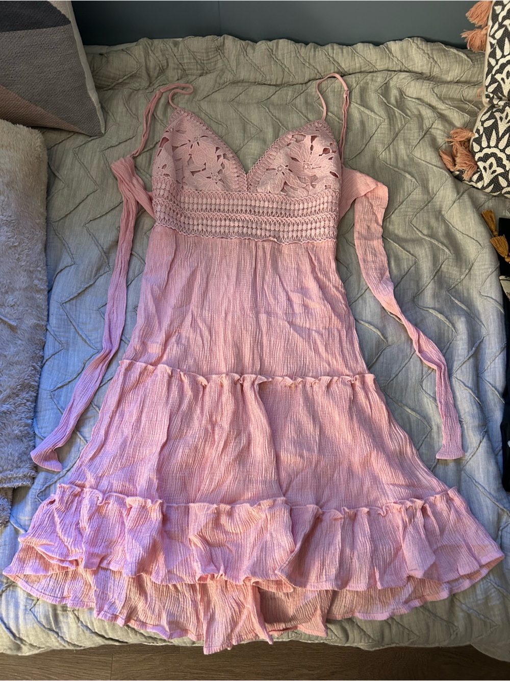 Girls' Pink Crochet Bodice Ruffle Summer Dress